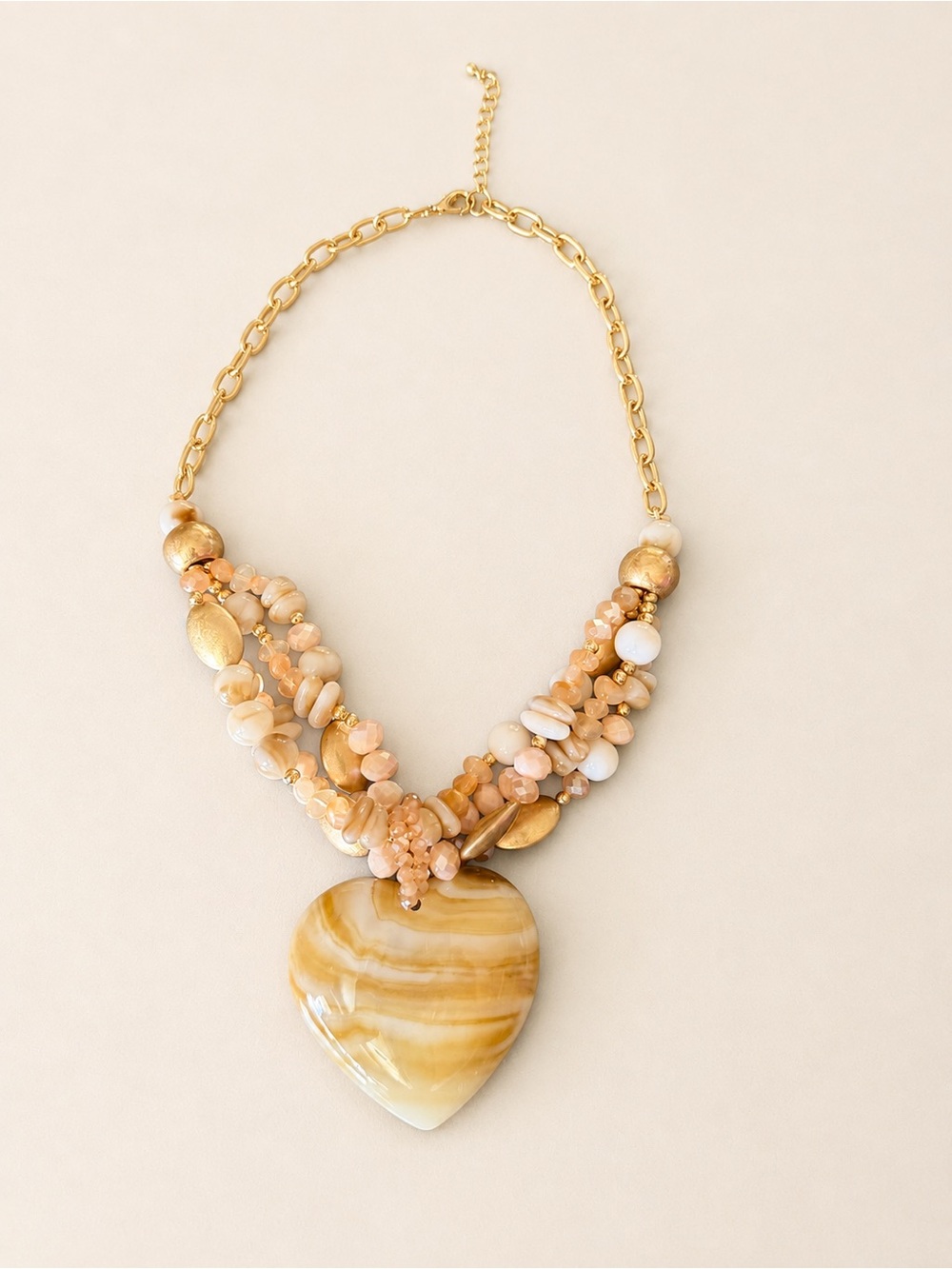 Golden Honey Multi-Strand Beaded Heart Pendant Statement Necklace